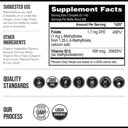 Vista 6 de Folato de metilo orgánico de 1000 mcg + Cofactor de metilo B12 (300 porciones) – Forma metabólicamente activa de 5-MTHF, sabor a bayas orgánicas