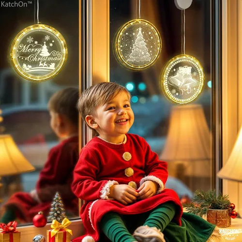 Vista 3 de KatchOn, Decoraciones navideñas iluminadas para ventanas de interiores, paquete de 3 unidades, Papá Noel, renos y árbol de Navidad para decoración