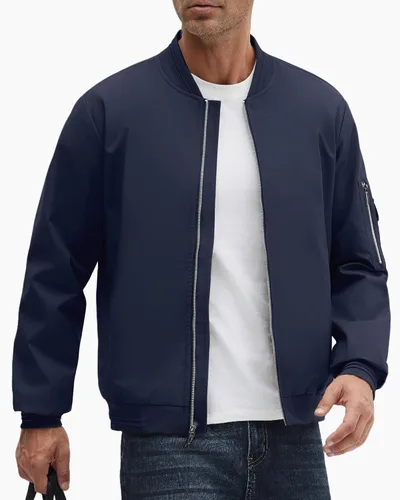 Vista 17 de Polu Chaquetas bomber para hombre con bolsillos, chaquetas cortavientos ligeras, cremallera de 2 vías, abrigo casual de negocios para otoño e