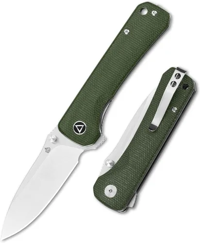 Vista 6 de QSP Hawk - Cuchillo de bolsillo plegable, 3.22 pulgadas Sandvik 14C28N Cuchillo EDC de hoja de satén de dos tonos, mango de micarta áspero marrón