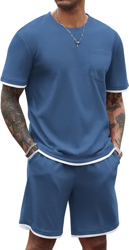 Vista 25 de COOFANDY Conjunto de camisa y pantalones cortos de gofre para hombre, conjunto de 2 piezas, conjunto casual de verano con bolsillos