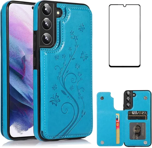 Vista 12 de Asuwish Glaxay S22 - Funda para Samsung Galaxy S22 5G con protector de pantalla de vidrio templado, soporte de cuero con tarjetero, doble cierre