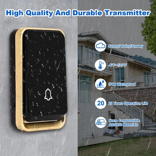 Vista 4 de 【No requiere batería】Timbre inalámbrico impermeable, kit de timbre de puerta AURTEC con 2 receptores flash LED enchufables y 1 transmisor