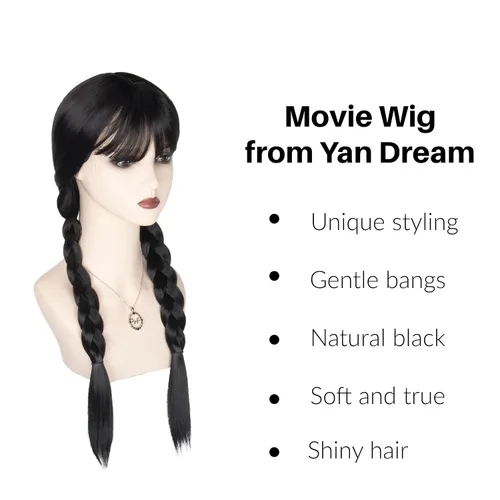Vista 5 de Yan Dream Peluca larga de trenzas negras para mujer, peluca de coleta trenzada para Halloween, cosplay, fiesta, peluca para adultos