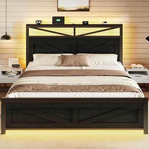 Vista 3 de Marco de cama rústico de tamaño completo con cabecera de puerta de granero y almacenamiento, marco de cama LED estilo granja de tamaño completo