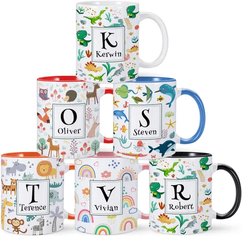 Vista 12 de Taza de café personalizada para niños con nombre e inicial, taza de cacao caliente personalizada para niños y niñas, taza de cerámica de 11 onzas
