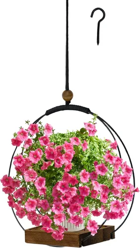 Vista 8 de Maceta colgante para plantas de interior, colgador de plantas negro para interiores con base de madera resistente, colgador de plantas de macramé
