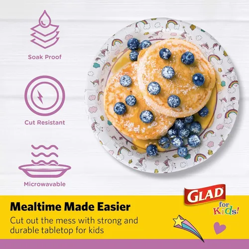 Vista 3 de Glad Platos de papel desechables con temática de unicornio para niños, platos redondos resistentes a prueba de remojo para cumpleaños de niños