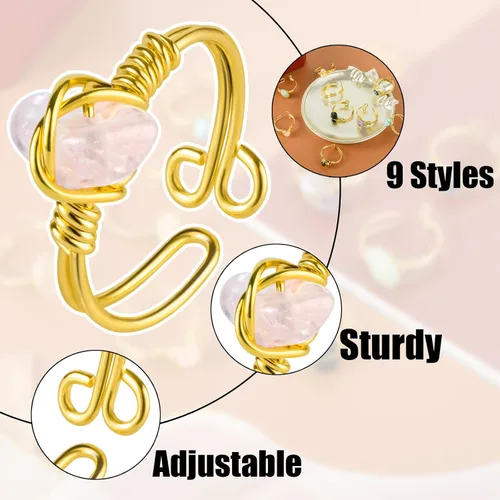Vista 3 de Juego de 9 anillos de cristal curativo, anillos ajustables envueltos en alambre dorado de piedras preciosas irregulares para mujeres y niñas, cristal