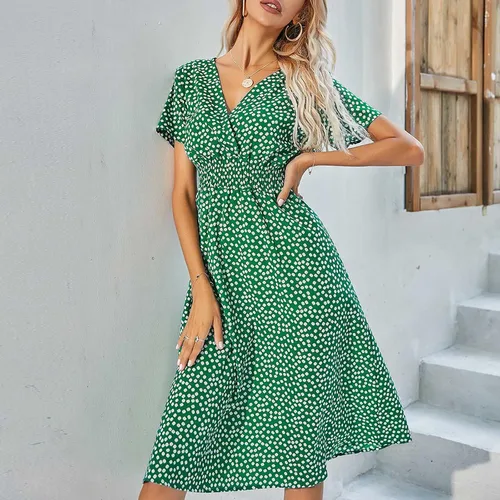 Vista 2 de Vestido bohemio para mujer, vestido casual de verano con cuello en V, manga corta, estampado floral, vestido midi de cintura alta con vuelo