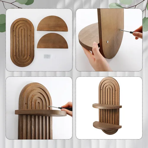 Vista 4 de Wenqik 2 Piezas Estante de Pared Boho Arco Iris Estante Flotante de Madera Soporte Colgante Bohemio de Mediados de Siglo Doble Vintage Montaje