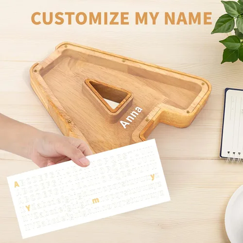 Vista 4 de WOOD CITY Alcancía con letras para adultos, niños y niñas, de madera de 9 pulgadas, caja de dinero personalizada, nombre personalizado, regalo