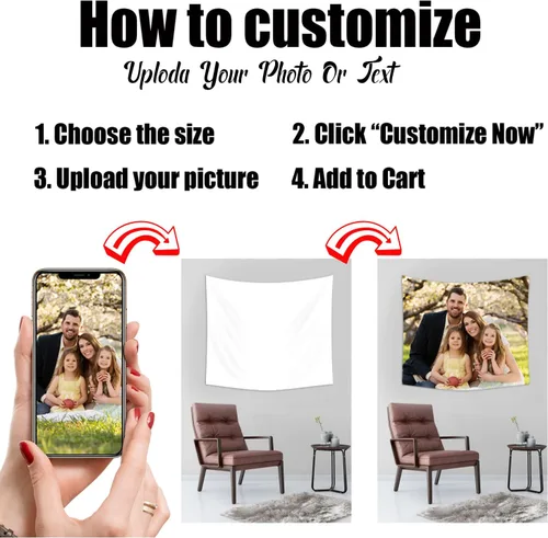 Vista 2 de Tapiz personalizado para cargar imágenes, diseño personalizado con foto/logotipo/texto, para colgar en la pared para bodas, festivales, cumpleaños