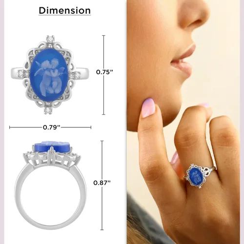 Vista 3 de Jewelili Anillo de plata de ley para mujer, camafeo de ágata rosa o azul y zafiro redondo blanco creado, joyería de lujo, caja de regalo incluida
