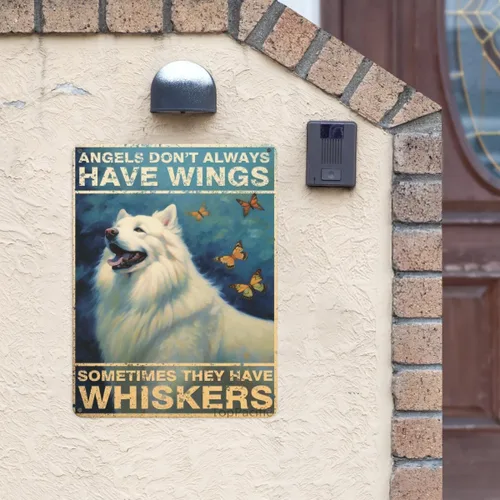 Vista 2 de Póster de pared vintage, placa de metal, ángeles no siempre tienen alas a veces tienen bigotes, póster de pared de metal samoyedo, placas de ángel