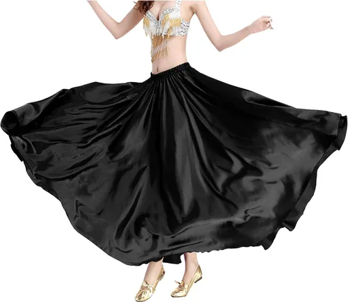 Vista 3 de Indian Trendy Falda de satén para mujer, de círculo completo, para danza del vientre tribal, con movimiento de Halloween Negro