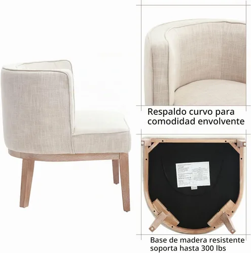 Vista 6 de BESTANO Silla decorativa con brazo de barril con patas de madera, cómoda silla lateral de barril tapizada de lino con respaldo para sala de estar