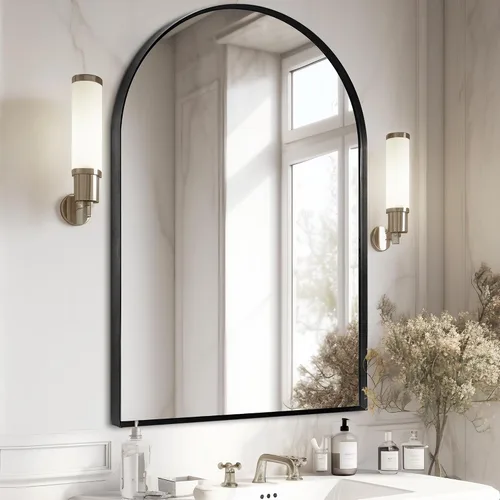 Vista 29 de Espejo arqueado negro de 16" x 20", espejo de pared para baño con arco, espejo de tocador de baño con marco de metal y parte superior arqueada