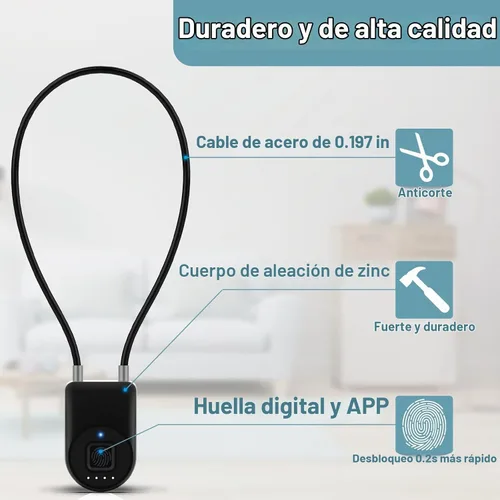 Vista 4 de Candado inteligente de cable de huellas dactilares, 6 pulgadas de largo con aplicación Bluetooth de huellas dactilares, biométrico sin llave