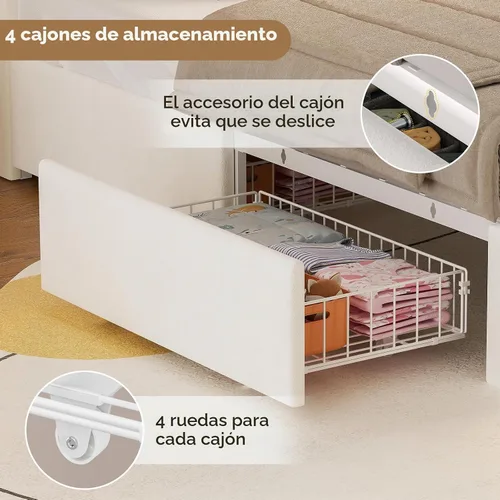 Vista 6 de HAUOMS Cama de princesa individual con luces LED y 4 cajones para niñas
