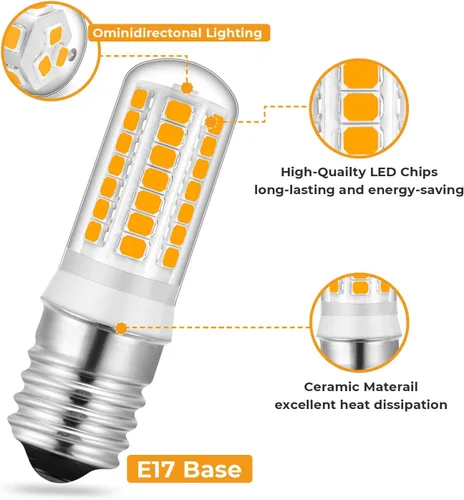 Vista 3 de Bombillas LED E17 para microondas sobre estufa, 6000 K/3000 K regulables para microondas, equivalente a 20 W, 30 W, 35 W, bombillas halógenas