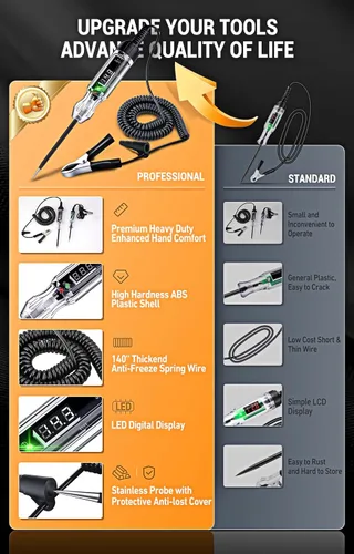 Vista 6 de Luz de prueba automotriz, probador eléctrico LED digital resistente de 5 a 90 V, probador de circuito con cable de resorte de poliuretano de 140