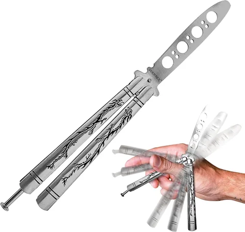 Vista 2 de Vornnex, cuchillo mariposa de práctica, hoja desafilada de acero inoxidable para entrenamiento, dragón negro (plateado)