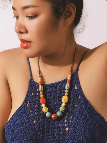 Vista 7 de MINACHI Hippie Boho - Collar de cuentas redondas de cerámica colorida, estilo bohemio, regalo de joyería para mujer