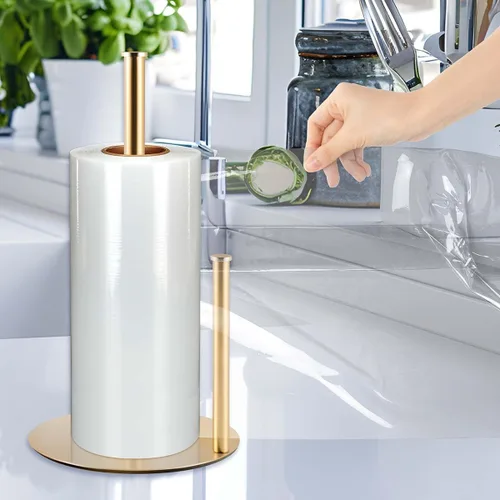 Vista 4 de Toallero de papel dorado, soporte de encimera de acero inoxidable para cocina y baño con base antideslizante, diseño portátil con asa superior, se