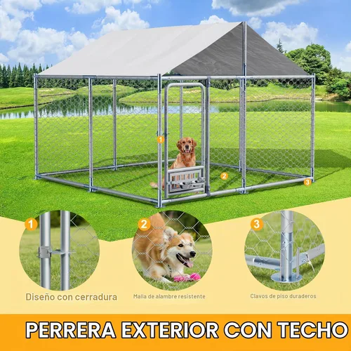 Vista 2 de Caja para perrera para perros al aire libre de 7.5 x 7.5 x 5.3 pies con techo, alimentador giratorio