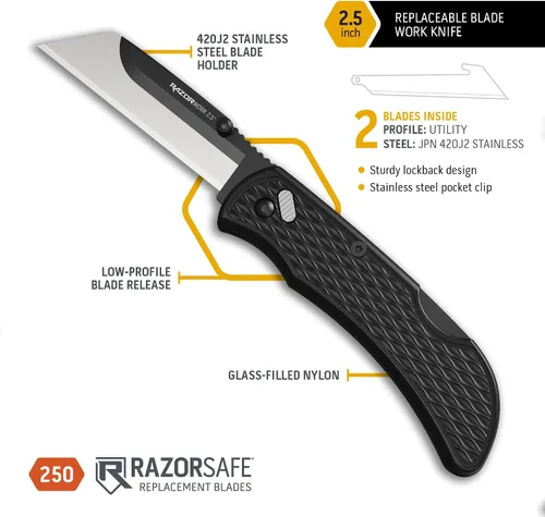 Vista 2 de OUTDOOR EDGE 2.5" RAZOR-WORK - Cuchillo plegable de utilidad con hoja reemplazable RazorSafe (Negro, 2 hojas)