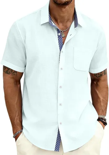 Vista 11 de Camisas con botones para hombre, manga corta, casual, verano, playa, vacaciones, boda, con bolsillo