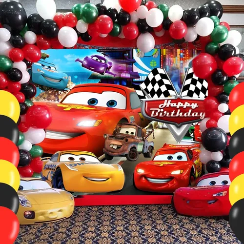 Vista 7 de Suministros de fiesta de automóvil de dibujos animados de 5 x 3 pies, telón de fondo de automóvil Maqueen, pancarta de fiesta de feliz cumpleaños