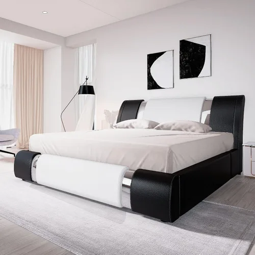 Vista 6 de Allewie Base de cama Queen con plataforma con decoración de piezas de hierro, base tapizada con piel sintética, cabecera ajustable y listones