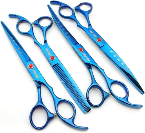 Vista 3 de KINGSTAR Juego de tijeras profesionales de aseo de mascotas de 7.0 pulgadas, color azul titanio, tijeras rectas, adelgazantes y curvas, juego de 4