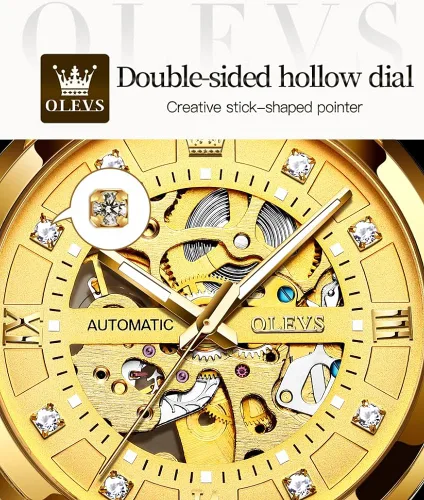 Vista 4 de OLEVS Reloj mecánico automático de esqueleto dorado para hombre con cuerda automática vestido de lujo brillante acero inoxidable resistente al agua