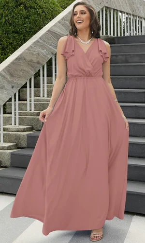 Vista 3 de KOH KOH Vestido largo de dama de honor sin mangas con cuello en V para mujer