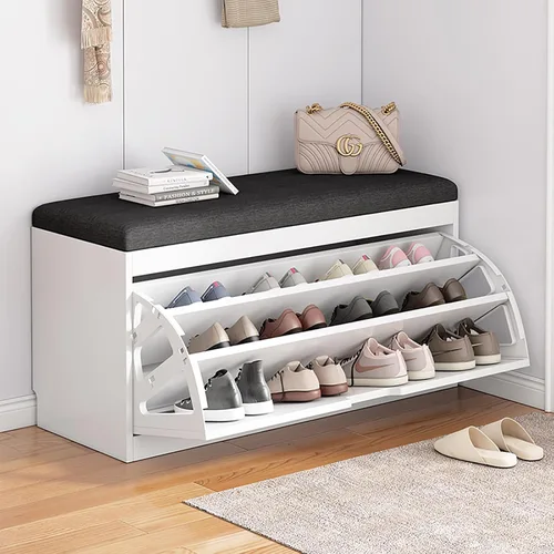Vista 12 de Banco de zapatos, banco con almacenamiento de zapatos, banco de entrada superior con cojín extraíble, zapatero de madera con cajón de almacenamiento