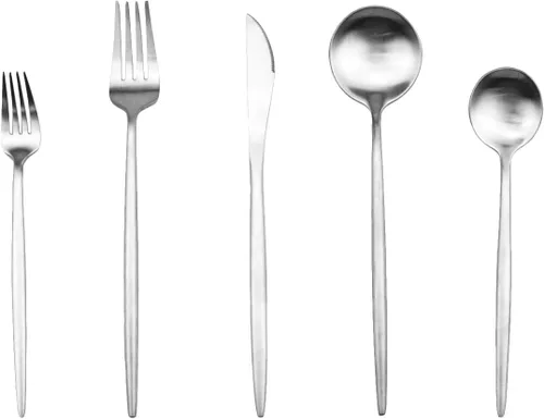 Vista 6 de Cubiertos plateados de diseño moderno, 6 piezas de plata mate 304 acero inoxidable tenedor de postre tenedor de ensalada de 7.2 pulgadas, juego