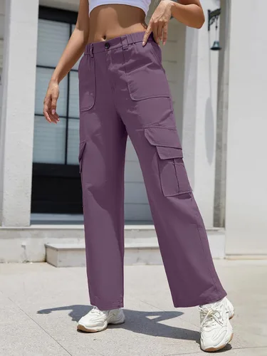 Vista 2 de PITINAN Pantalones cargo para mujer, de cintura alta, holgados, casuales, con bolsillos, rectos, pierna ancha, pantalones militares de combate Y2K