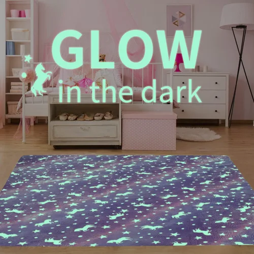 Vista 2 de QH Alfombra de área con patrón de unicornio morado sin costuras que brilla en la oscuridad, para sala de estar, dormitorio, habitación de niños
