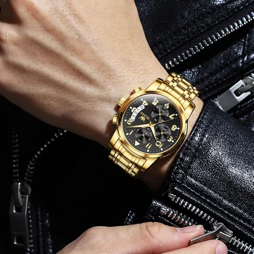 Vista 3 de OLEVS Reloj cronógrafo para hombre reloj de acero inoxidable plateado y dorado reloj de cuarzo multifunción con fecha relojes impermeables