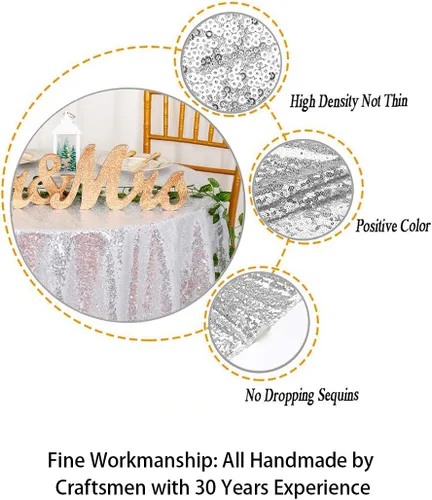 Vista 6 de ShiDianYi Mantel redondo de 50 pulgadas, mantel de lentejuelas plateadas con purpurina, mantel circular de lino con lentejuelas plateadas