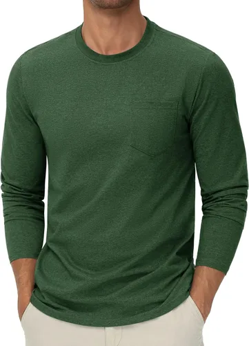 Vista 13 de Cotrasen Camisetas de manga larga para hombre, de algodón, cuello redondo, absorben la humedad, suaves, casuales, con bolsillo