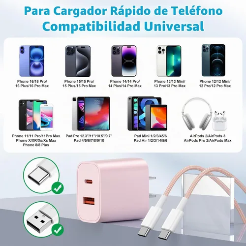 Vista 5 de Para iPhone 17 16 15 Cargador de carga rápida, paquete de 4 unidades de doble puerto de 20 W USB C Charger Block with 6FT USB-C to C Cable Type C