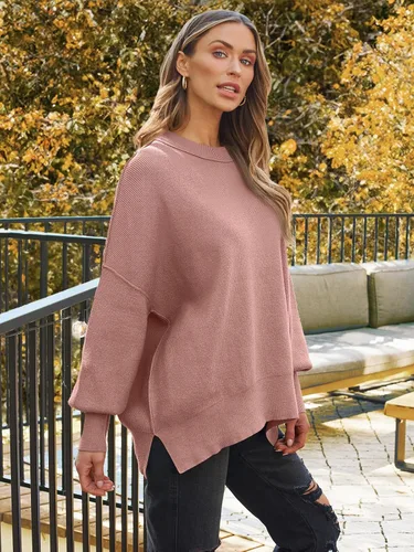 Vista 47 de Lillusory - Suéter extragrande con mangas de murciélago y cuello redondo para mujer, prenda moderna de otoño de tejido de punto sin botones