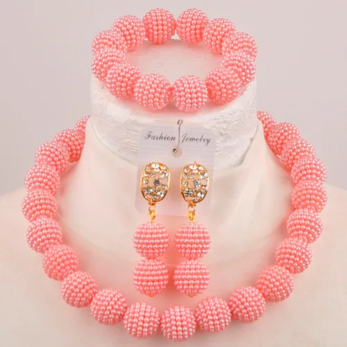 Vista 2 de Conjunto de joyas de cuentas africanas para boda nigeriana Collar y pendientes de perlas simuladas para mujer