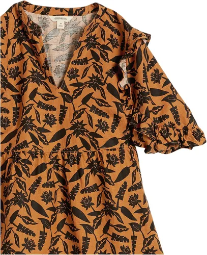 Vista 4 de Goodthreads Vestido escalonado de lino lavado con mangas de codo y cuello dividido para mujer