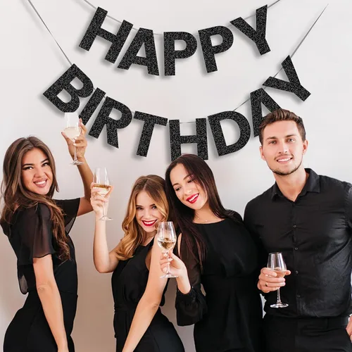 Vista 7 de Pancarta de Feliz Cumpleaños con Purpurina Negra - 9 pies Pre-Ensartada Sin Bricolaje Cartel de Fondo para Fiestas, Adultos, Niños, Mujeres