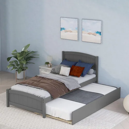 Vista 4 de Harper & Bright Designs Base de cama individual con nido, plataforma de madera con cabecera (tamaño individual, gris)